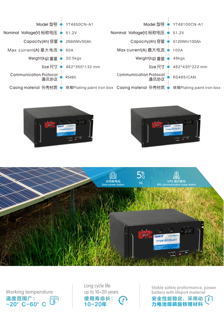 世豹儲能電池-YT4850CN-YT48100CN,溫度范圍廣:-20℃-60℃,使用壽命長:10-20年,安全性能穩定,采用動力電池級磷酸鐵鋰材料